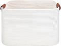 Large Cotton Rope Storage Basket with Leather Handles, Laundry Hamper Basket, 20 "L x 14" W x 12 "H, Durable & Stylish Organizer for Home.(Large White)