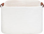 Large Cotton Rope Storage Basket with Leather Handles, Laundry Hamper Basket, 20 "L x 14" W x 12 "H, Durable & Stylish Organizer for Home.(Large White)