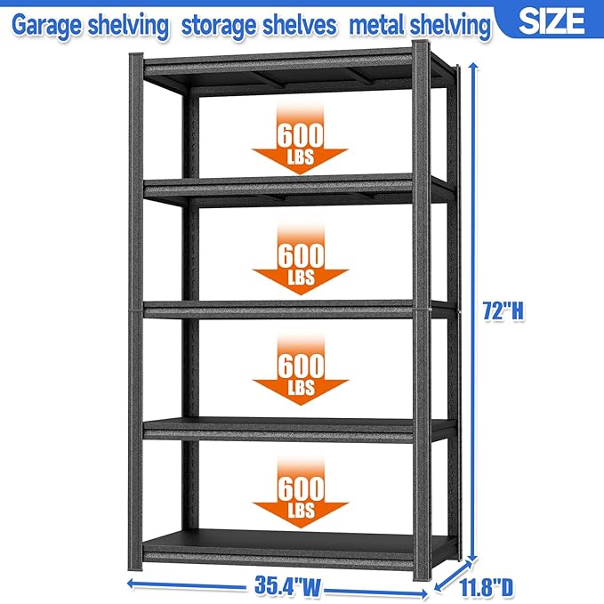72"H Garage Shelving Storage Shelves 3000LBS Adjustable Metal Shelf 5 Tier Shelves for Garage Storage Shelving Unit Metal Storage Rack for Basement, Warehouse, Pantry, Kitchen 35.4"W × 11.8"D × 72"H