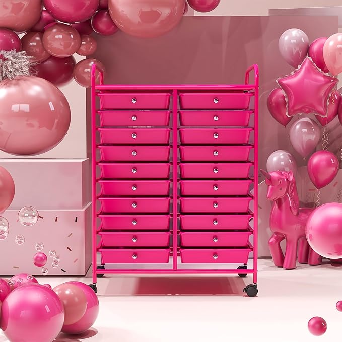 GOFLAME 20-Drawer Rolling Storage Cart, Multifunctional Art Craft Organizer Cart, Mobile Utility Storage Cart with Removable Drawers & Lockable Wheels, Craft Cart for Home Office, Hot Pink