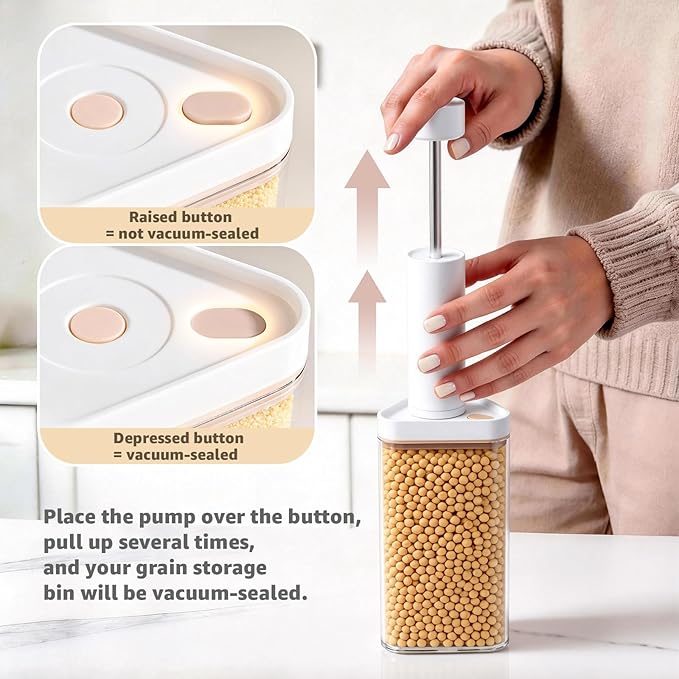 Rotating Grain Dispenser with Manual Vacuum Pump - 6-Grid Vacuum-Storage Canister Set, Food Storage Bins for Cereal, Rice, Beans & Bulk Dry Food Pantry Organization
