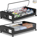 Under Bed Storage with Wheels, 2-Pack Underbed Storage Containers with Clear Lids, Under Bed Shoe Storage Organizer, Rolling Under the Bed Storage Bins for Clothes Shoes Blankets (Black)