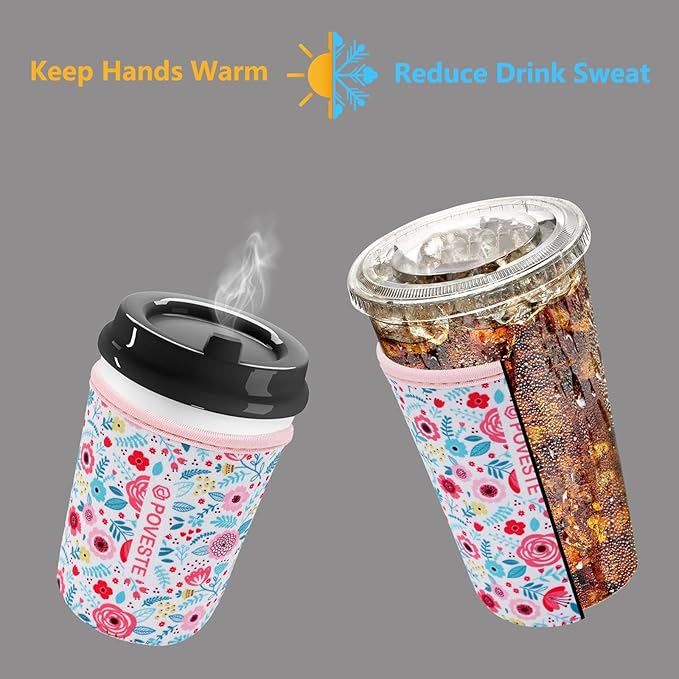 Reusable Neoprene Insulator Sleeve for Iced Coffee & Cold Soda, Coffee Sleeves for Iced & Hot Drinks, Cold Beverage Cooler Compatible with Starbucks, Dunkin (White Flower Garden, Large: 32oz)