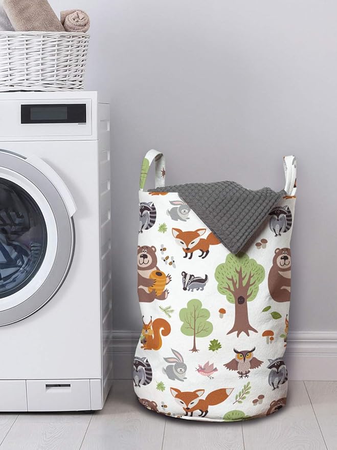 Ambesonne Forest Laundry Bag, Doodle Woodland Creatures as Honey Bear Rabbit Fox and Raccoon in Nature Habitat, Hamper Basket with Handles Drawstring Closure for Laundromats, 13" x 19", Brown Green