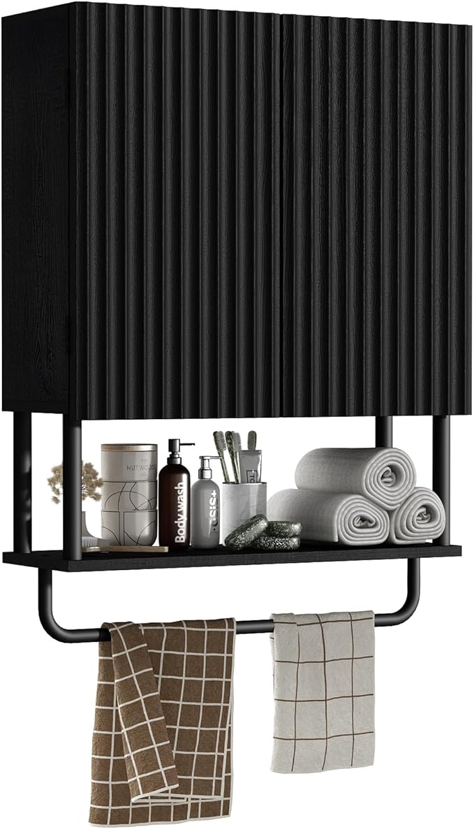 RUSTOWN Fluted Bathroom Wall Cabinet with 2 Doors, 3-Tier Modern Farmhouse Medicine Cabinet, Over The Toilet Storage Cabinet with Adjustable Shelf and Towel Bar (Black, Medium)
