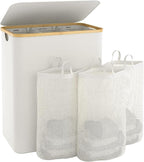 Extra Large 3 Section Dirty Clothes Laundry Basket with Lid, Dirty Clothes Hampers with Removable Bags for Bedroom and Laundry Room, Beige