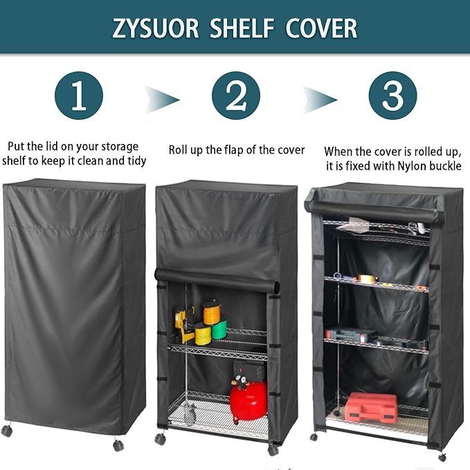 Wire Shelving Cover for Storage Shelf and Wire Rack, 48" W x 24" D x 72" H, Heavy-Duty Dust Cover with Nylon Buckle and Hook & Loop Closure (Black, No Shelves)
