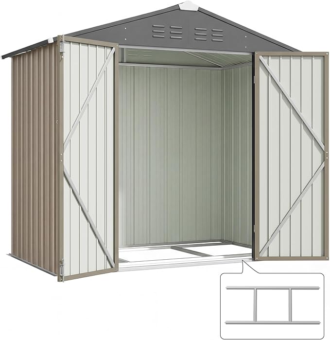 Devoko 6 x 4 FT Metal Storage Shed with Floor Frame Waterproof Garden Tool Shed with Lockable Door, Outdoor Shed Storage House for Backyard Patio Lawn, Brown