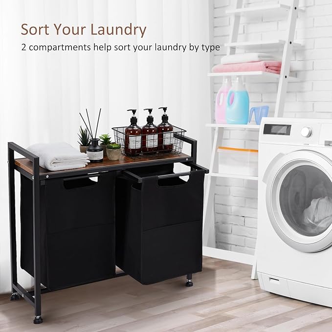 Laundry Sorter 2 Section, Laundry Hamper with Wheels, 2 × 11.5 Gal (87 L), Rolling Laundry Basket, Pull-Out and Removable Oxford Fabric Laundry Bags, Black