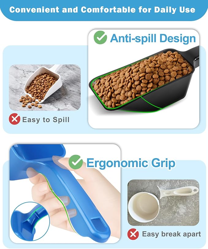 2-Pack Dog Food Scoop Set,1 Cup and 2 Cup Plastic Pet Food Measuring Scoops with Clear Measurement Lines,Multi-Purpose Pet Food Scooper for Dogs, Cats (Blue and Black)