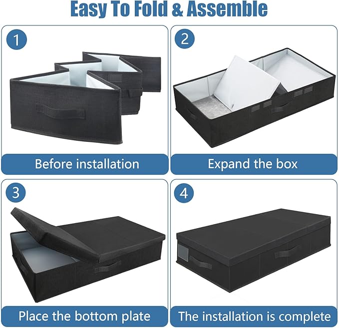 Underbed Storage Containers Bin with Lids (Set of 2) Large Under Bed Storage Organizer Box with Handle, Foldable Under the Storage Bags for Organizing Clothes, Shoes, Blankets, Pillows-Black