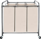 STO STO Laundry Sorter 3 Section, 3 Bag Clothes Hamper, Rolling Laundry Cart Basket with Heavy Duty Lockable Wheels and Removable Bag for Laundry Room, Bedroom, Closet, Beige