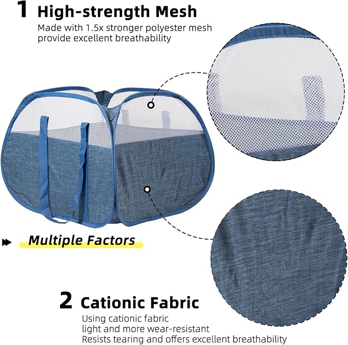 Collapsible Laundry Basket, 90L Foldable Pop-up Laundry Hamper with Reinforced Handles, Tear Proof Mesh Dirty Clothes Hamper for Laundry (Blue, 2PCS)