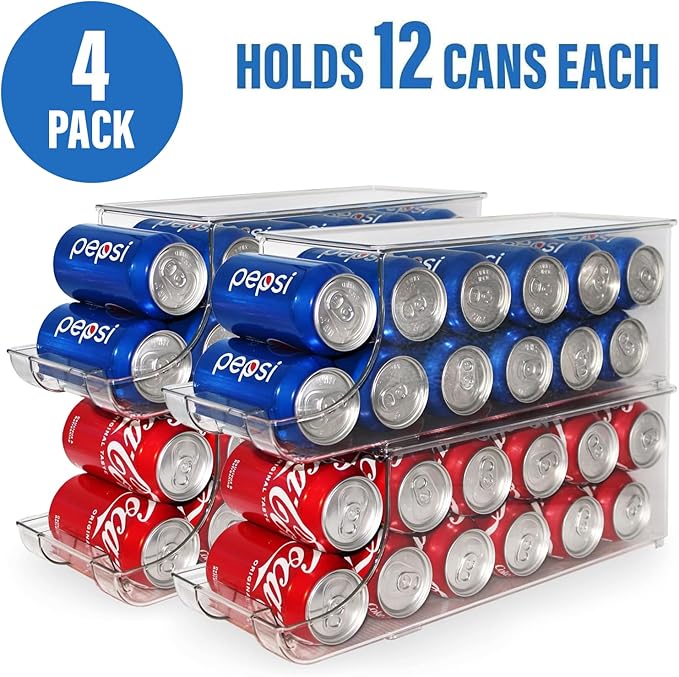 Soda Can Organizer with Lids, Stackable Soda Can Dispenser for Refrigerator, Clear Can Holder Organization and Storage Bins for Fridge, Kitchen, Countertop, Drink Pantry Organizers, Holds 12 Cans Each