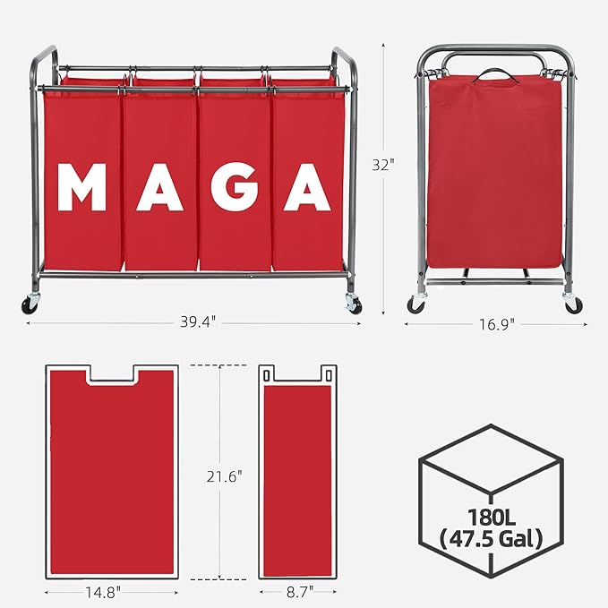 Laundry Sorter Hamper with Wheels, Laundry Basket Sorter 47.8 Gal (181L), Heavy-Duty Rolling Cart with Lockable Wheels and Removable Bags, Laundry Cart 4 Sections, RED