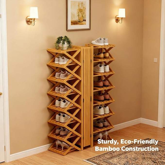 The 9-Tier No-Assembly Bamboo Rack, 2026 Upgraded Foldable Bamboo Shoe Rack, Space-Saving Organizer for Shoes, No Assembly Narrow Shoe Shelf for Entryway Closet Dorm (Brown,9-Tier)