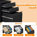 3 Drawer File Cabinet with Wheels, Metal Filing Cabinet with Lock, Office Rolling File Cabinets for A4/Legal/Letter Size, Assembly Required, Black