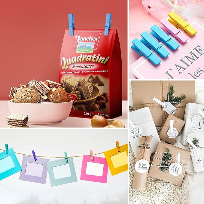 Mini Clothes Pins for Photo, Small Colored Clothespins 100 Pack Wooden Rainbow Colorful Picture Clips with 32 FT String for Crafts, Little Baby Shower, Display Artwork, Hanging Decorative Tiny Cards