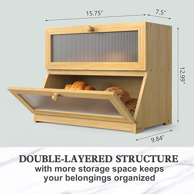 Bamboo Bread Box for Kitchen Countertop, Double Layer Large Bread Storage Container for Homemade Bread with Window & Lid, Bread Keeper Holder,Wood Color