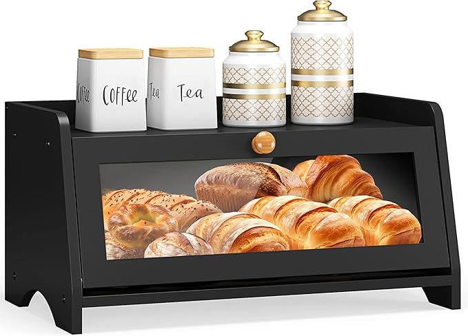 Bread Box for Kitchen Countertop, Large Bread Container Storage, Wooden Farmhouse Bread Box with Window Bread Holder (Black)
