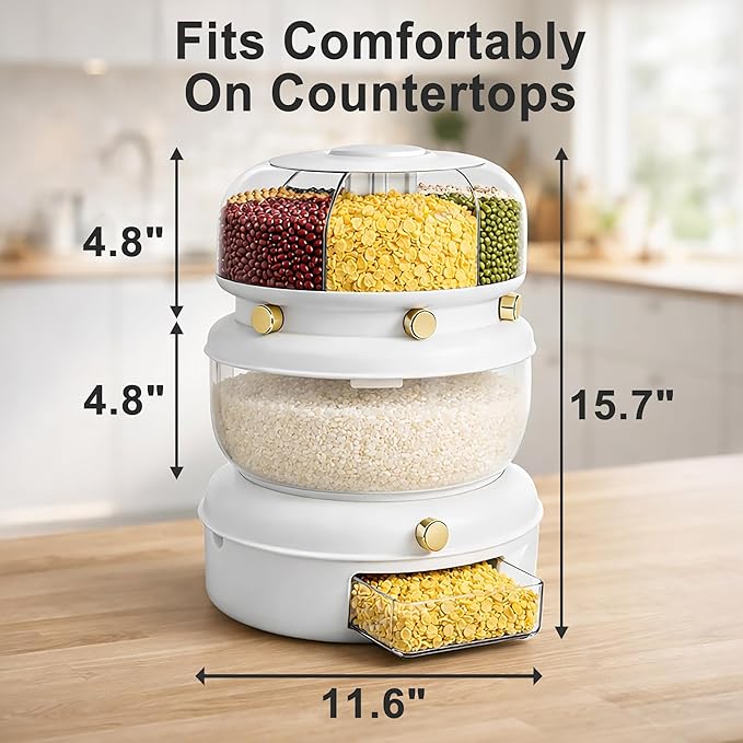 2 Layer Grain Dispenser with Press Button, 6 Compartment Rotating Dry Food Storage with Large Capacity Rice Container, Multi Grain Organizer for Beans, Cereal, Pantry Kitchen Storage