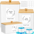 Vesici 3 Pcs Metal Laundry Pod Container 2 Pcs Scoops Dryer Sheet Holder Laundry Room Organizer Storage Jar with Airtight Wood Lid Label for Powder Detergent Dispenser Dryer Ball Bead Room Decor