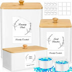 Vesici 3 Pcs Metal Laundry Pod Container 2 Pcs Scoops Dryer Sheet Holder Laundry Room Organizer Storage Jar with Airtight Wood Lid Label for Powder Detergent Dispenser Dryer Ball Bead Room Decor