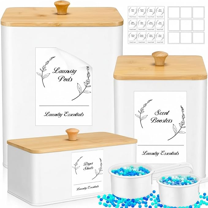 Vesici 3 Pcs Metal Laundry Pod Container 2 Pcs Scoops Dryer Sheet Holder Laundry Room Organizer Storage Jar with Airtight Wood Lid Label for Powder Detergent Dispenser Dryer Ball Bead Room Decor