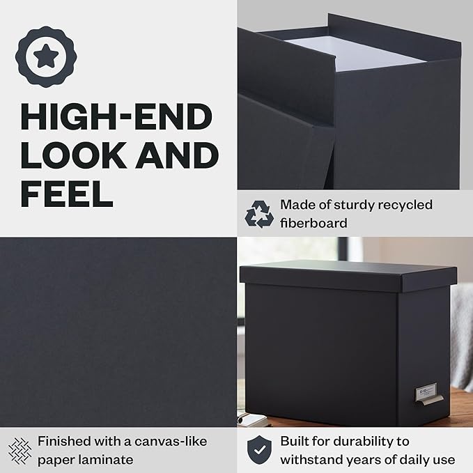 Bigso John Fiberboard Label Frame Desktop File Storage Box - Document Organizer for Important Paperwork - Durable Hanging File Box with a Lid & Metal Label Window - 7.36 x 13.38 x 10.51 in - Dark Grey