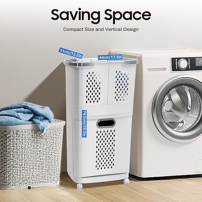 2 Tier Rolling Laundry Hamper Sorter, Removable Laundry Basket Thick Storage Rack Classification with Wheels and Handle White Portable Storage Baskets with 3 Deep Baskets