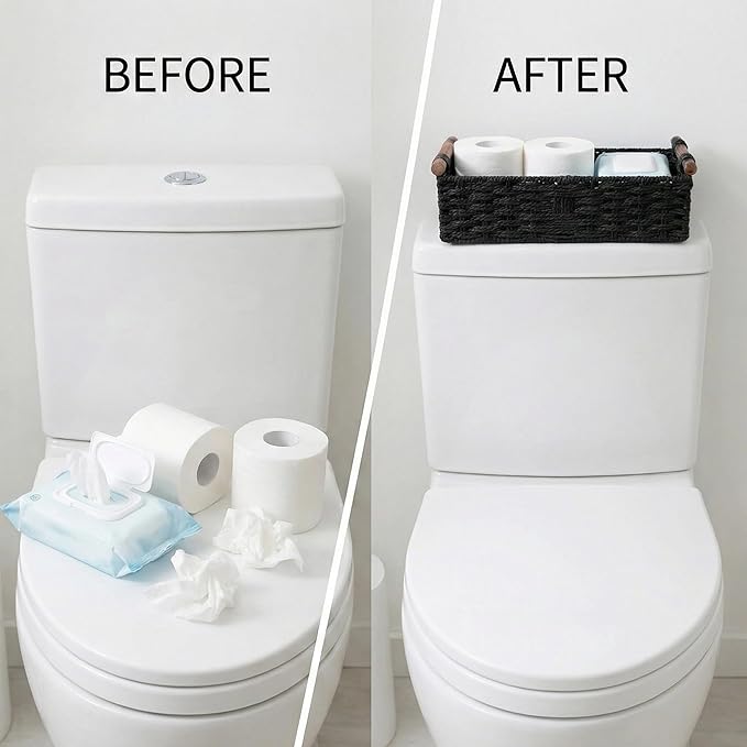Back of Toilet Basket with Wood Handles, Black Wicker Toilet Paper Basket for Toilet Tank Top, Narrow Toilet Tank Basket, Bathroom Basket Organizer for Wipes & Essentials