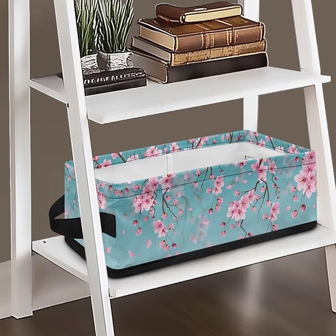 Storage Bins Elegant Towel Storage Baskets Lightweight Cosmetics Storage Basket with Handles Collapsible Organizer for Bathroom Office Bedroom Decor, Peach Blossom Light Teal