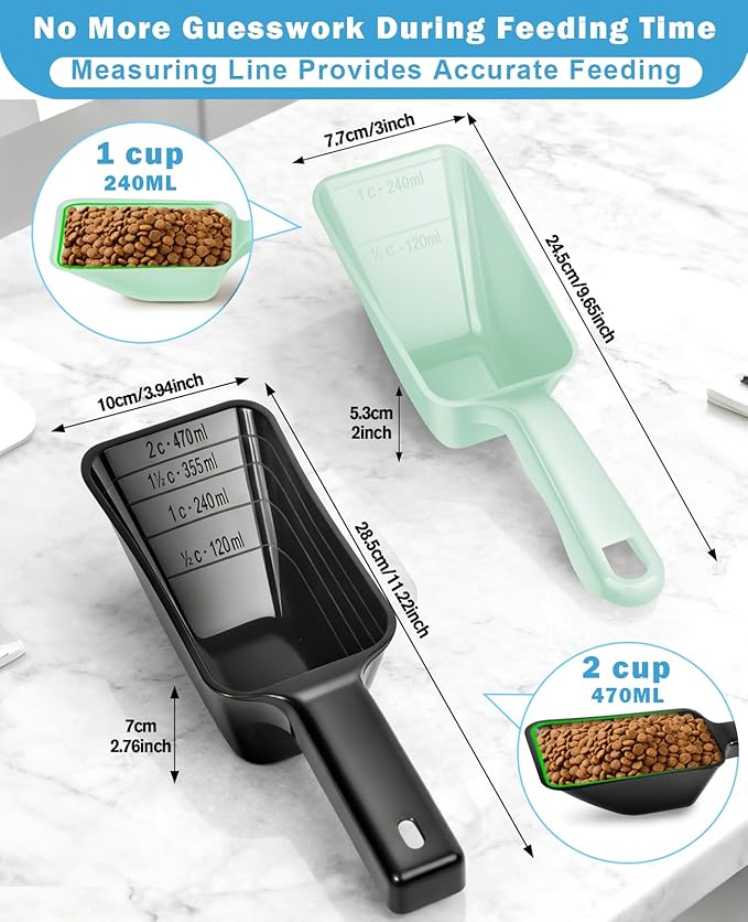 2-Pack Dog Food Scoop Set,1 Cup and 2 Cup Plastic Pet Food Measuring Scoops with Clear Measurement Lines,Multi-Purpose Pet Food Scooper for Dogs, Cats (Green and Black)
