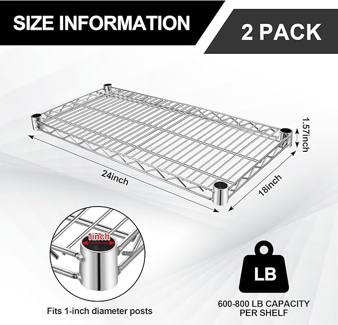 2 Pack Additional Wire Shelf for Wire Shelving Units Chrome Finish Shelving Weight Capacity 600-800 Lb, Heavy Steel Industrial for Warehouses, Closets, Kitchen (Sliver,18" W X 24" L)