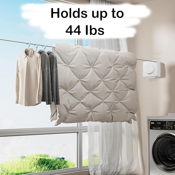 JXKNKSR-Telescopic Clothesline Indoor and Outdoor, Heavy-Duty Laundry Line, Wall Mounted, Safety Lock System (White+10Clothes Pins)