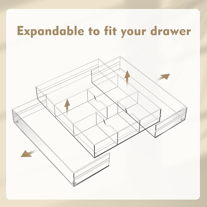 2 Pcs Acrylic Desk Drawer Organizer Maximum 12 x 18 x 2.1 Inch Expandable Drawer Organizer Trays with 8 Adjustable Compartments Desk Accessories for Makeup Silverware Office Bathroom
