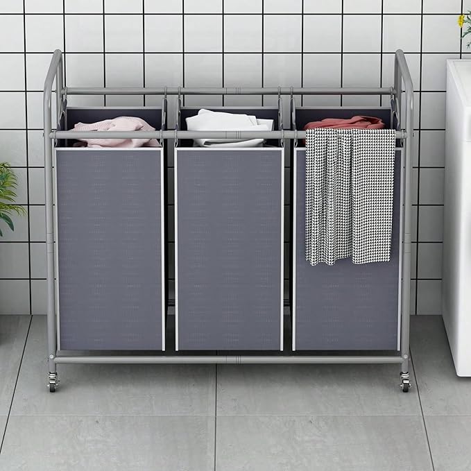 3-Bag Laundry Sorter Cart with Rolling Lockable Wheels, Removable Bags, 32.68 x 15.75 x 33.46 in, Black, Beige and Grey (Grey)