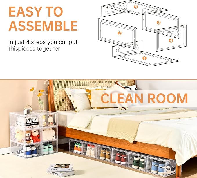 12 Pack Large Shoe Storage Box, Clear Shoe Storage Organizer with Magnetic Door, Stackable,Shoe Containers For Display Sneakers, Easy Assembly, Fit up to US Size 12, Clear