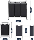 STO STO Laundry Sorter 3 Section, 3 Bag Clothes Hamper, Rolling Laundry Cart Basket with Heavy Duty Lockable Wheels and Removable Bag for Laundry Room, Bedroom, Closet, Black