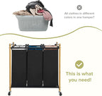 Laundry Sorter Hamper with Wheels, Heavy-Duty Laundry Basket Sorter Rolling Cart with Lockable Wheels and Removable Bags, Laundry Cart 3 Sections, Bamboo