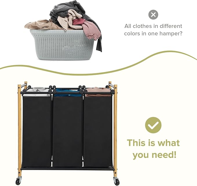 Laundry Sorter Hamper with Wheels, Heavy-Duty Laundry Basket Sorter Rolling Cart with Lockable Wheels and Removable Bags, Laundry Cart 3 Sections, Bamboo