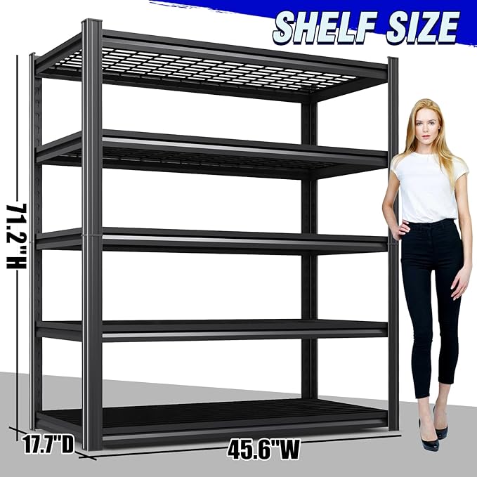 4 Pack Storage Shelves 5-Tier Heavy-Duty Steel Storage Shelving Unit Adjustable Boltless Rack, 2500 lbs Capacity – Durable Organizer for Garage, Kitchen, Basement & Workshop 71”x46”x17.7” Black