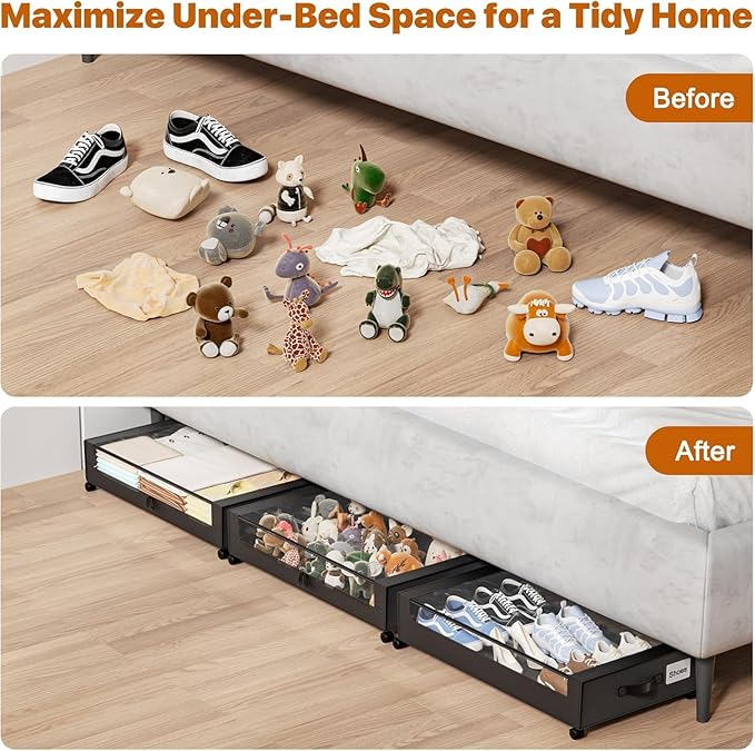 Under Bed Storage with Wheels,Under Bed Storage Containers with Clear Lids, Under-Bed Organizers for Clothes, Shoes – Durable Storage Bins with Smooth Rolling Wheels (Black, 4 Pack)