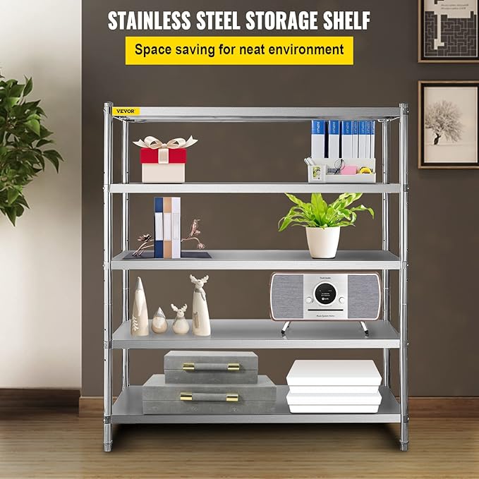 VEVOR Storage Shelf, 5-Tier Storage Shelving Unit, Stainless Steel Garage Shelf, Heavy Duty Storage Shelving, 1650 Lbs Total Capacity with Adjustable Height