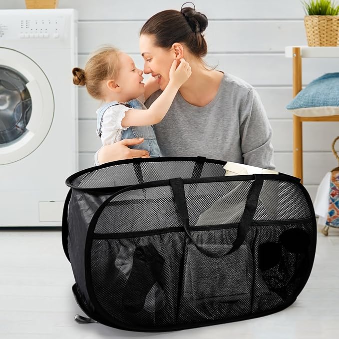 Collapsible Laundry Baskets, Upgrade Pop Up Laundry Hamper with Convenient Bags, Foldable Laundry Basket Mesh Light Weight, Easy to Carry Clothes Hampers for Laundry, Dorm, Toys, Travel Black