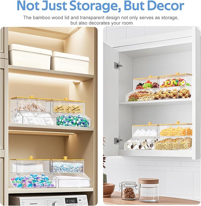 JYPS 2-in-1 Laundry Organizer with Large Capacity: Double-Layer Transparent Acrylic Storage Box with Bamboo Lid for Pods, Dryer Sheets & Supplies