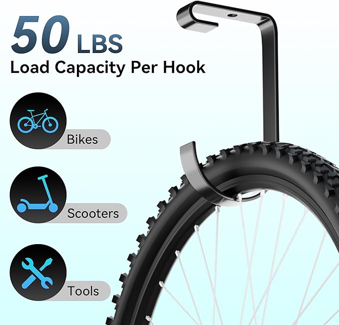 Bike Hooks for Garage Ceiling Storage Racks, 4 Pack Heavy-Duty Steel Thickened Flat Hooks, Supports Up to 50 lbs, Bike Hanger Add-On Overhead Garage Storage Rack & Wall Shelving, Black