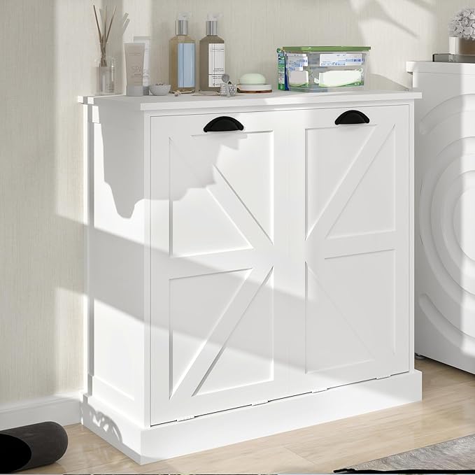 Tilt Out Laundry Sorter Cabinet with 2 Removable Liner Bags,Divided Laundry Hamper Cabinet with Semi-Circular Metal Handle and Barn Door for Space Saving (Style-01)