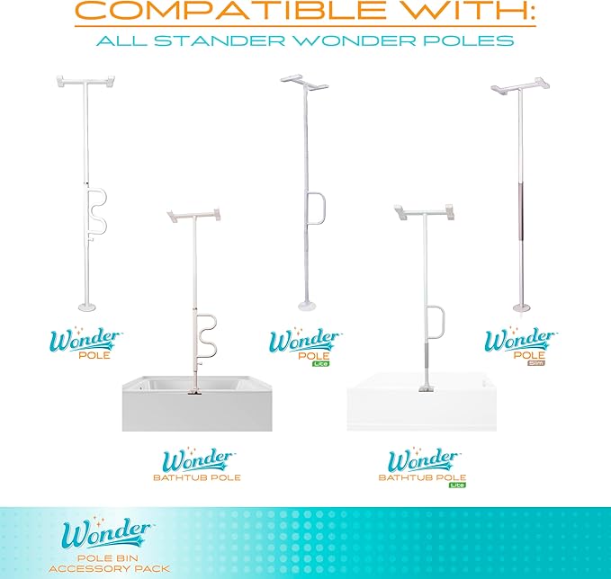 Stander Wonder Pole Bin Accessory Pack, Storage Bin Accessory with Toilet Paper Holder, Towel Hook for Wonder Pole and Wonder Bathtub Pole, Bathroom Organizer Storage Shower Caddy, White