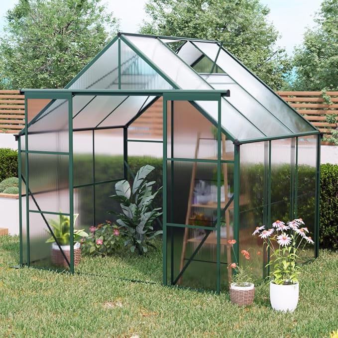Heavy-Duty Walk-in Polycarbonate Greenhouse with Dual Sliding Doors, Adjustable Roof Ventilation, and Galvanized Steel Base for Year-Round Outdoor Gardening (Green 8*6FT)